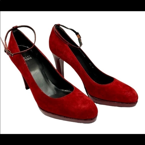 Womens Stuart Weitzman Sz 8.5 Pumps Ankle Strap Mary Janes Dark Red Suede Italy - Picture 1 of 8
